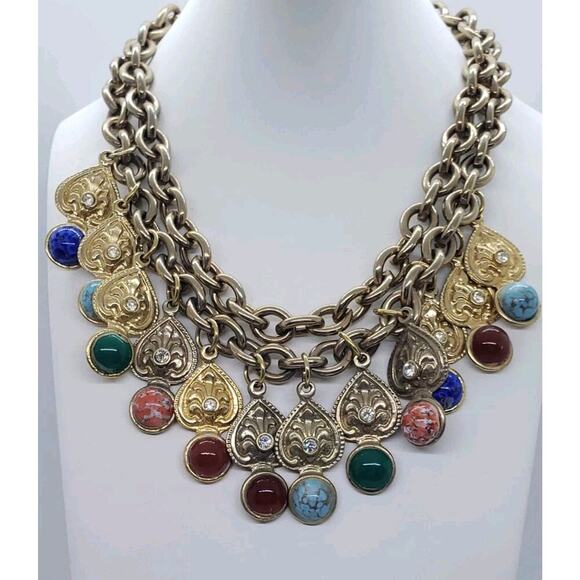 Double Chain Choker Faux Gem Rhinestones Dangle Charms Chunky 10k Gold Plated - Picture 1 of 11